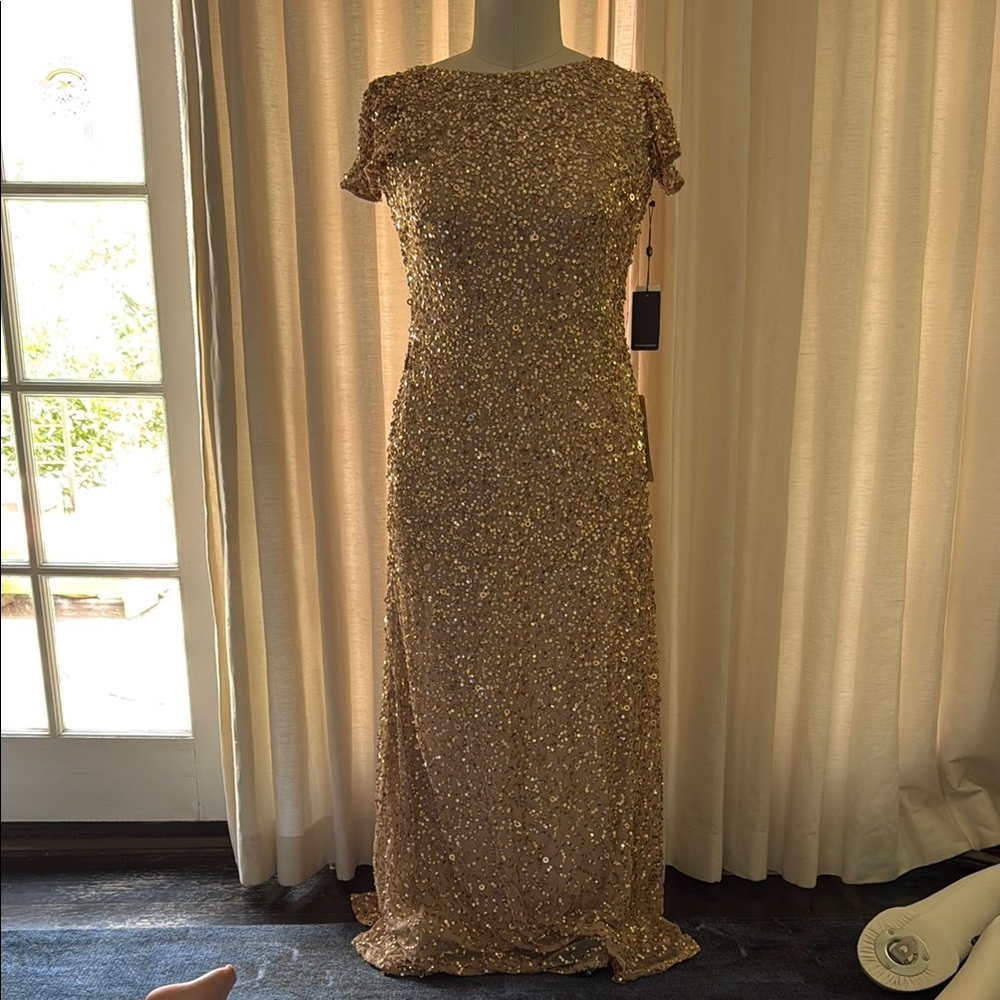 Adrianna Papell Gold Sequin Maxi Gown for Weddings